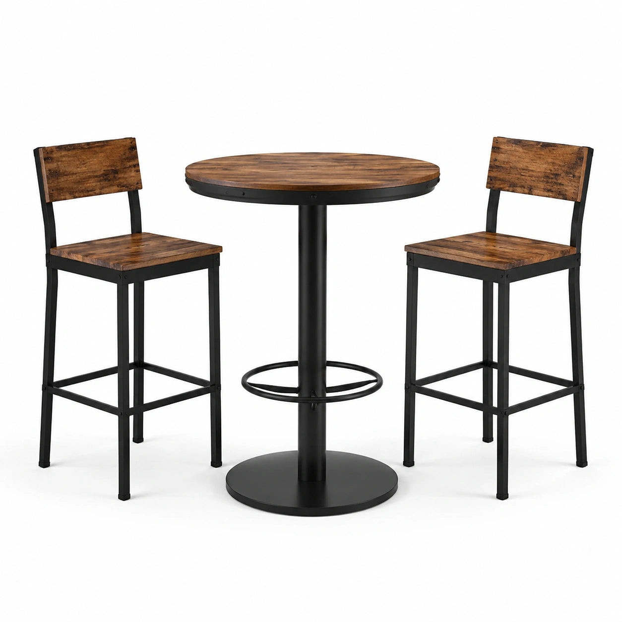 Rundes Bartisch-Set aus Massivholz und Stahl in Schwarz/Braun, 3-teilig