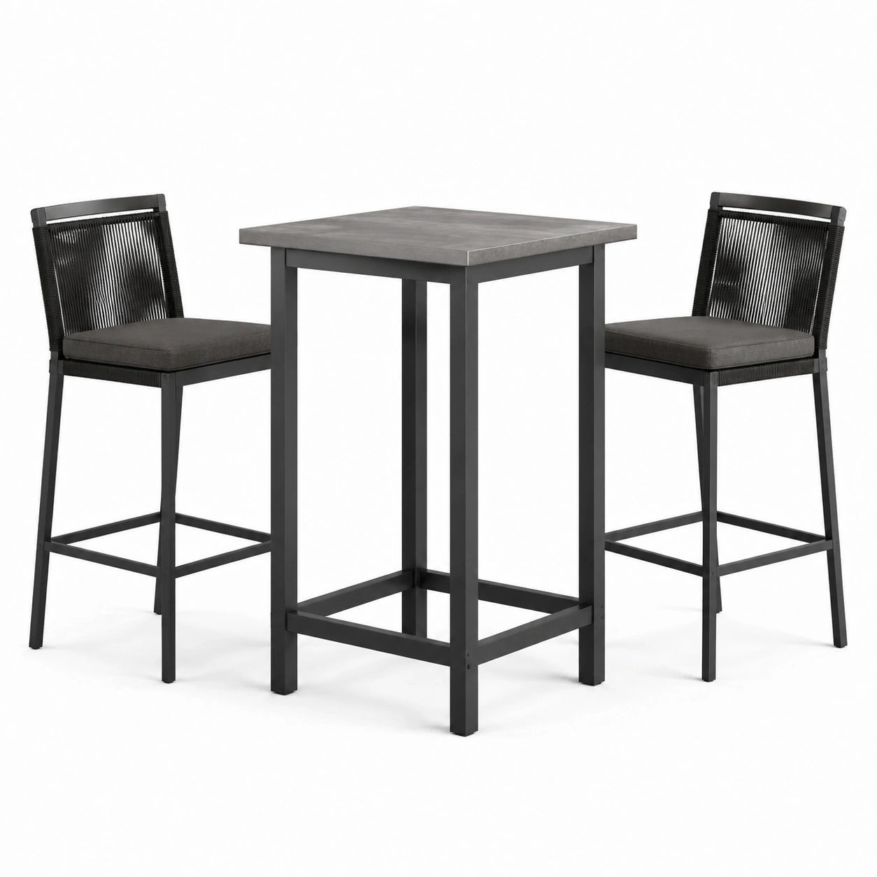 Quadratisches Bartisch-Set mit 2 Barhockern Metall und Polyester Anthrazit/Schwarz
