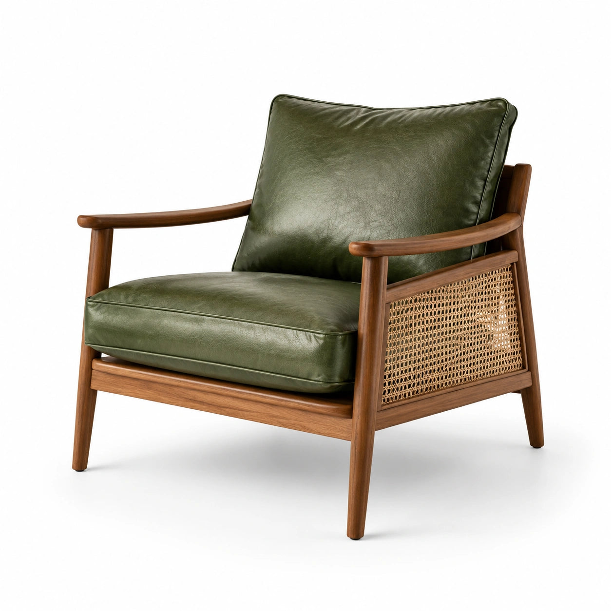 Grüner Ledersessel mit Holz und Rattan