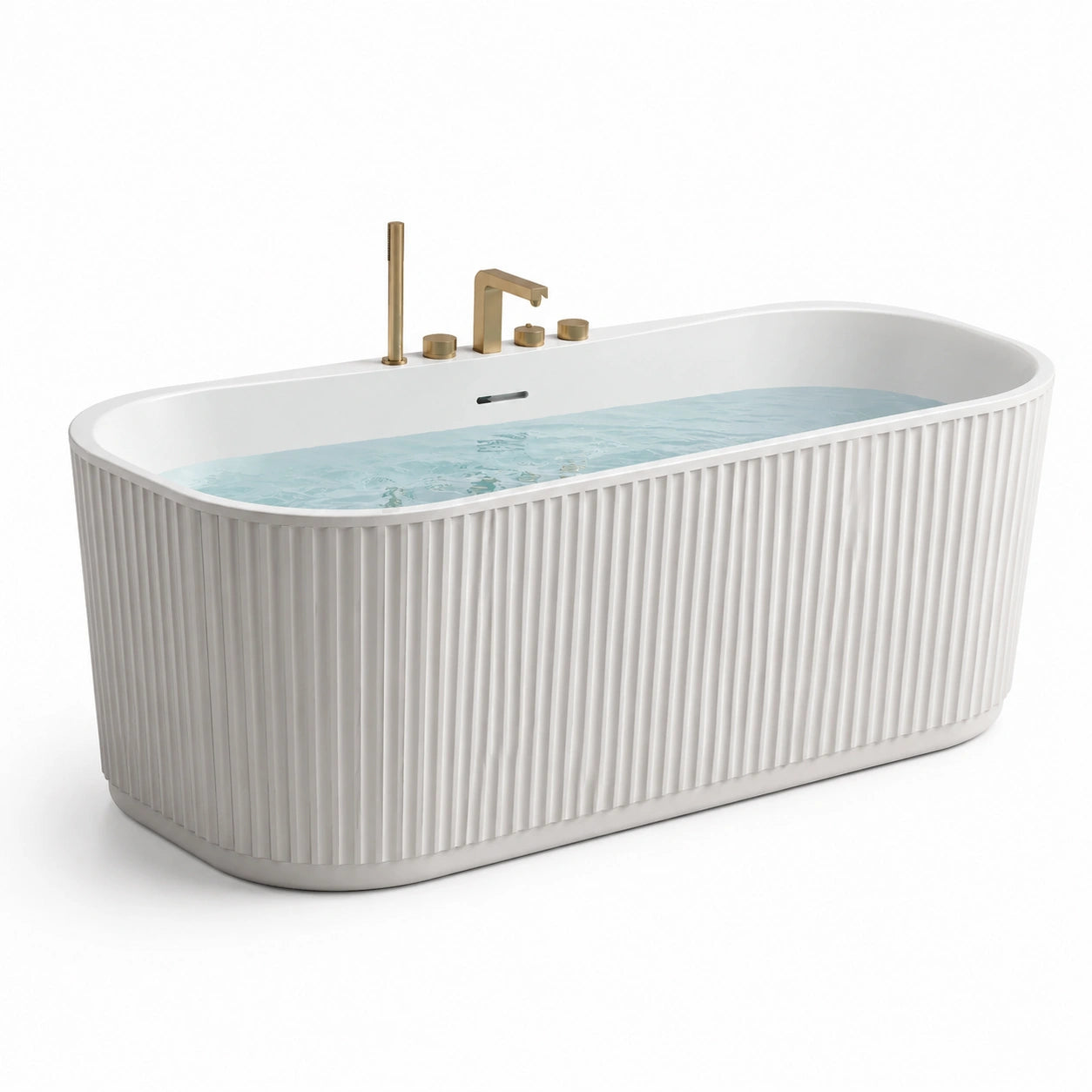 Freistehende Badewanne Oval Weiß Acryl mit Messingelementen