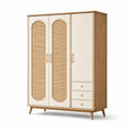 Kleiderschrank aus Eichenholz und Rattan mit Metallgriffen, Creme und Braun