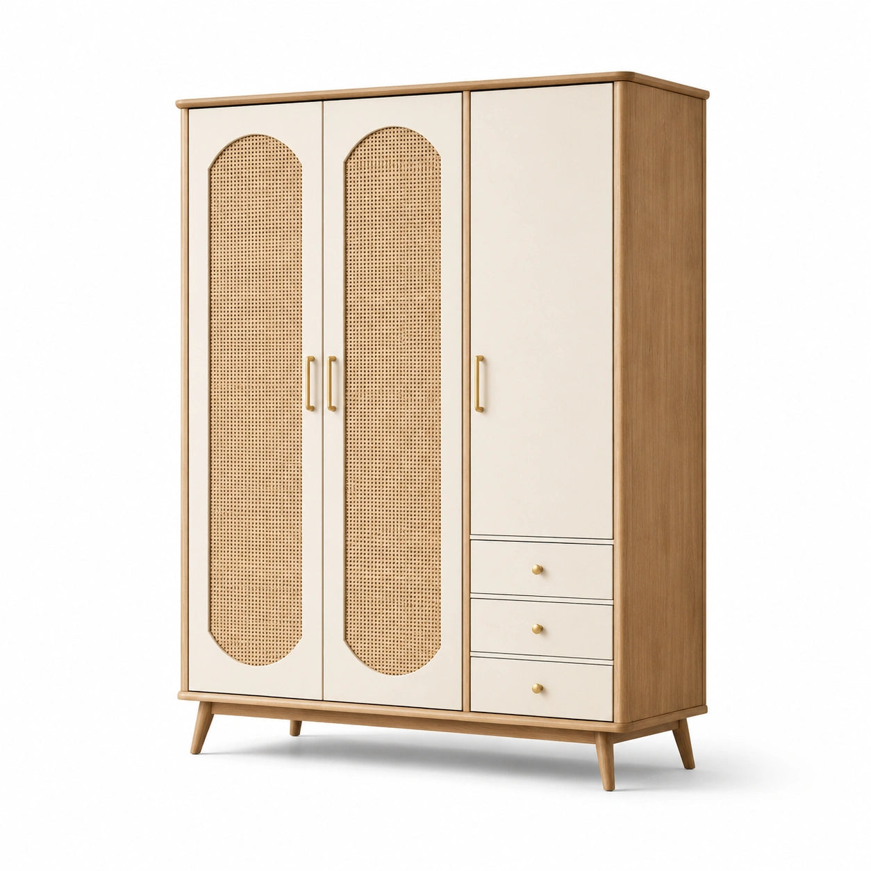 Kleiderschrank aus Eichenholz und Rattan mit Metallgriffen, Creme und Braun