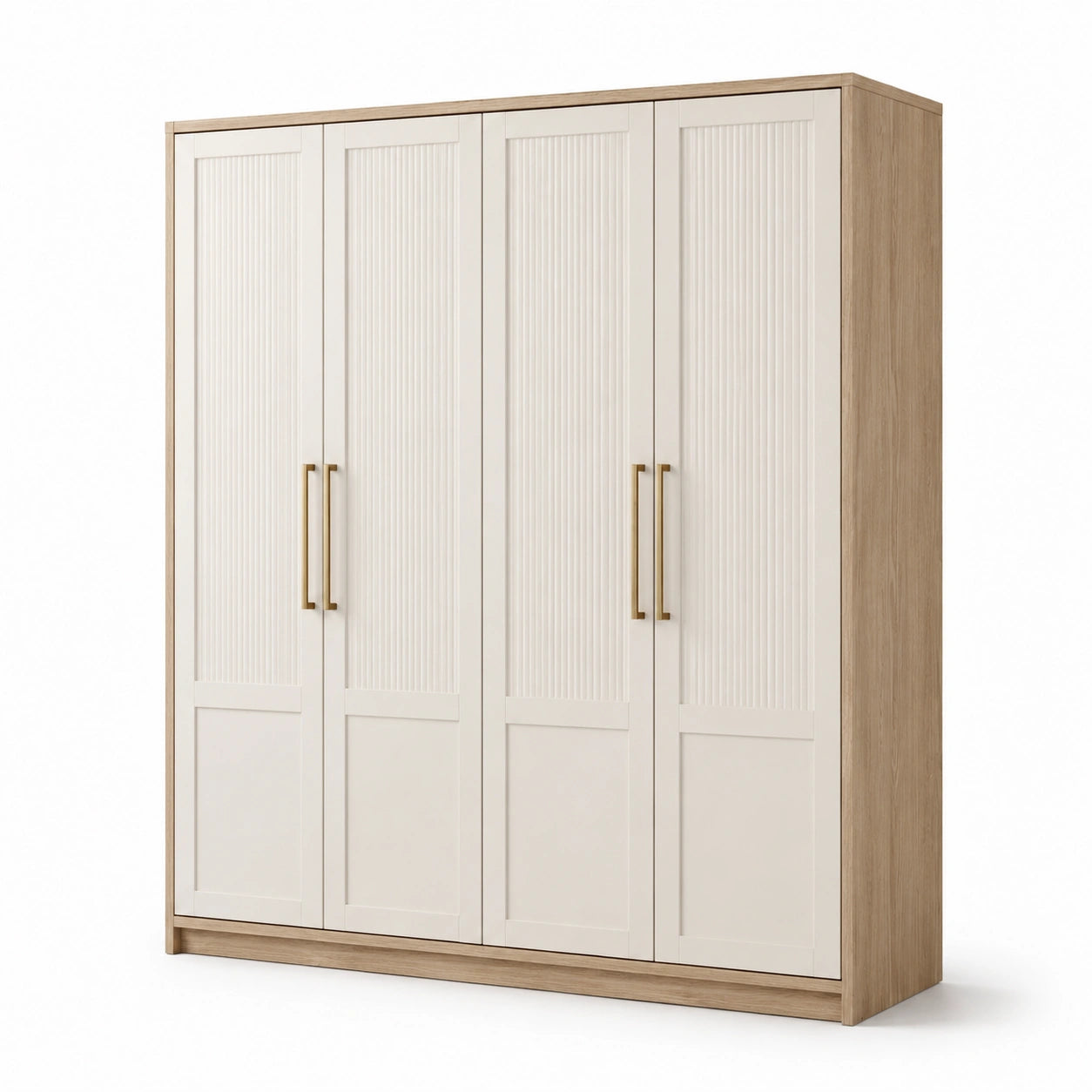 Kleiderschrank mit 4 Türen Holzspanplatte Beige Metallgriffe 200x60x210 cm